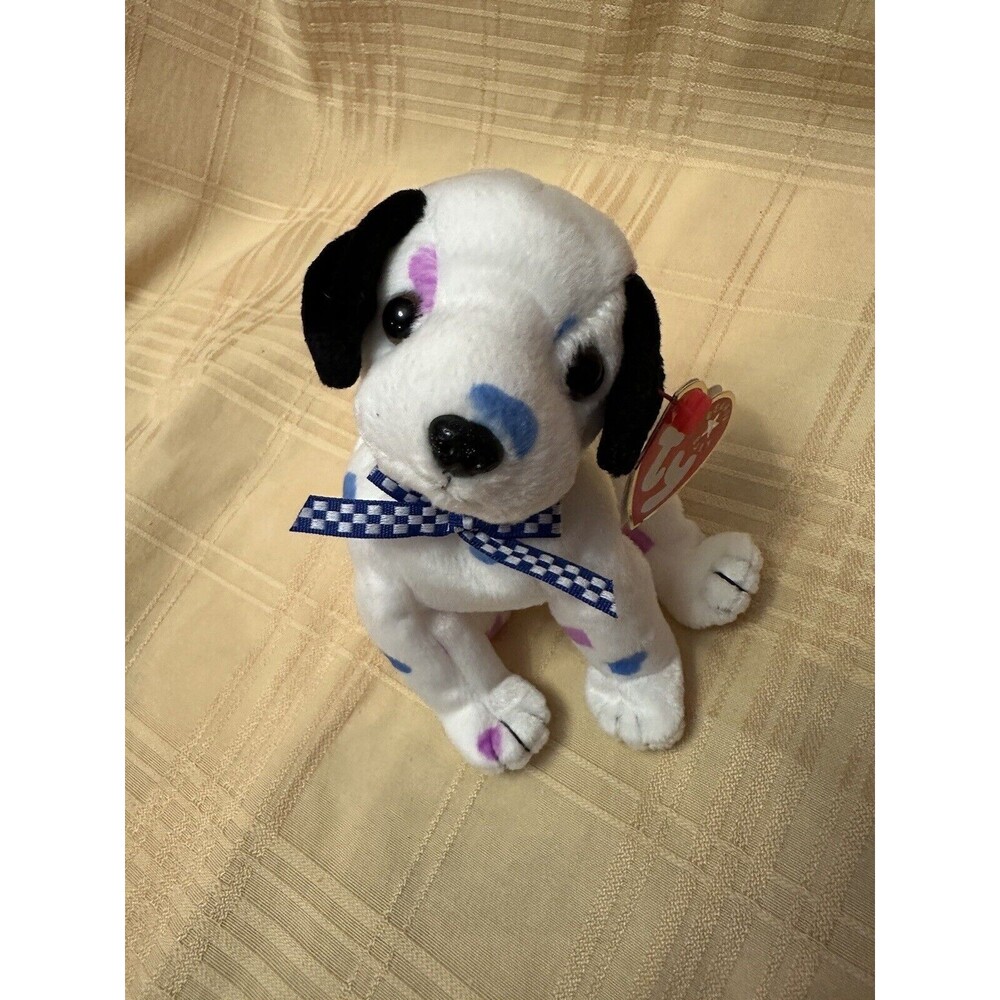 TY 2001 DIZZY the DOG - BLACK EARS & COLORED SPOTS BEANIE BABY -